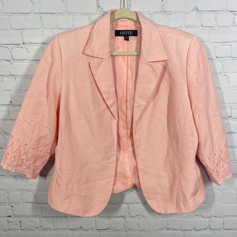 Kasper Blazer Womens Plus 16 Pink 3/4 Sleeve Embroidered Linen Romantic Career